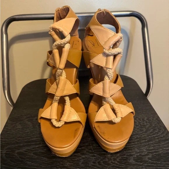 DVF Diane von Furstenberg Camel Leather Rope Wedge Sandals 7M - Picture 2 of 14
